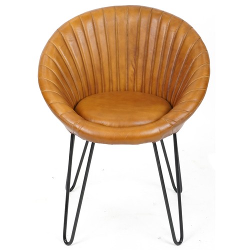 704 - Modern tan brown leather shell back chair on pin legs, 74cm H x 60cm W x 50cm