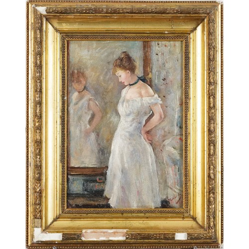 1317 - Female in a mirror, French impressionist oil on board, gilt framed, 26cm x 18cm