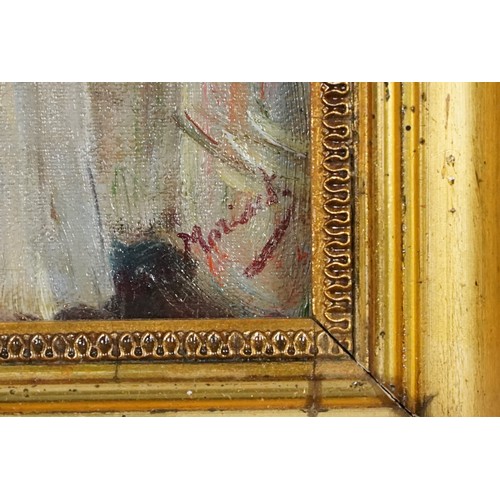 1317 - Female in a mirror, French impressionist oil on board, gilt framed, 26cm x 18cm