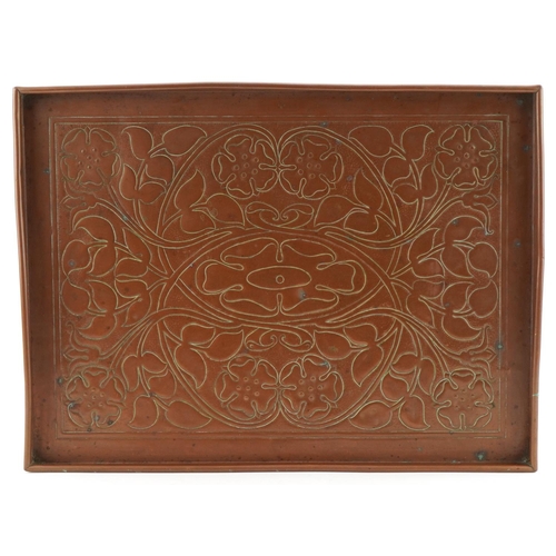 252 - Keswick School of Industry Arts & Crafts copper  tray decorated with stylized flowers , 42cm x 31cm