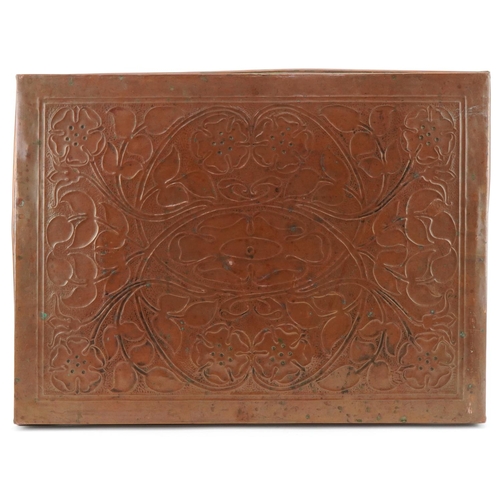 252 - Keswick School of Industry Arts & Crafts copper  tray decorated with stylized flowers , 42cm x 31cm