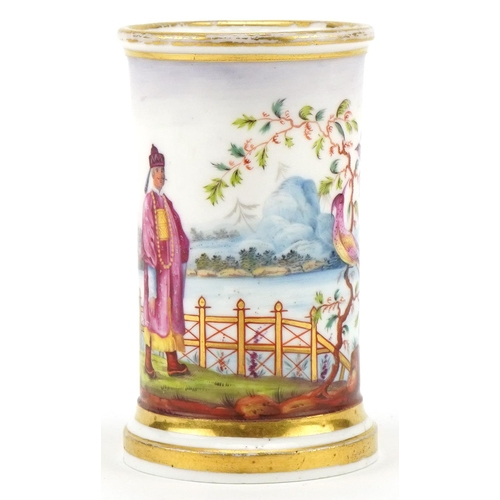 Nantgarw style porcelain spill vase hand painted with a Chinaman and birds in the manner of Thomas Pardoe, 10cm high