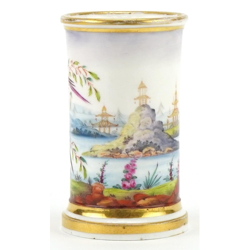 1046 - Nantgarw style porcelain spill vase hand painted with a Chinaman and birds in the manner of Thomas P... 