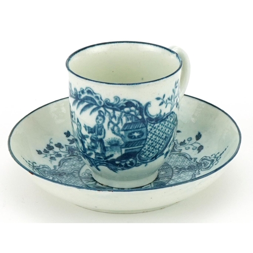 1039 - 18th century Worcester porcelain cup and saucer transfer printed with a Chinese pattern, the cup 6cm... 