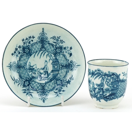 1039 - 18th century Worcester porcelain cup and saucer transfer printed with a Chinese pattern, the cup 6cm... 