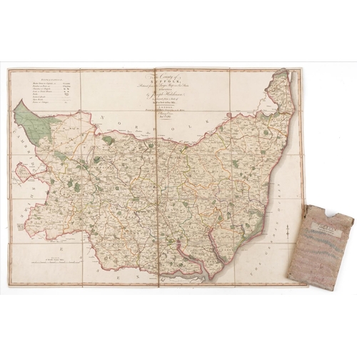 18th century hand coloured map of Suffolk sold by W Faden Charing Cross, dated January 1st 1787, housed in a cardboard case, 80cm x 60cm