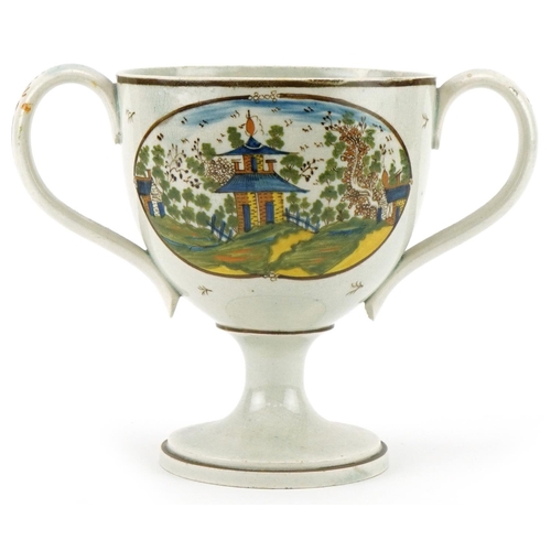 1093 - Pearlware loving cup decorated in the Chinese manner inscribed John Bottomley 1802, 13cm high