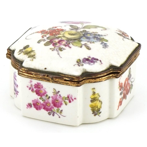 1101 - European porcelain box hand painted with flowers with gilt metal mounts, 4cm H x 4cm W x 8cm D