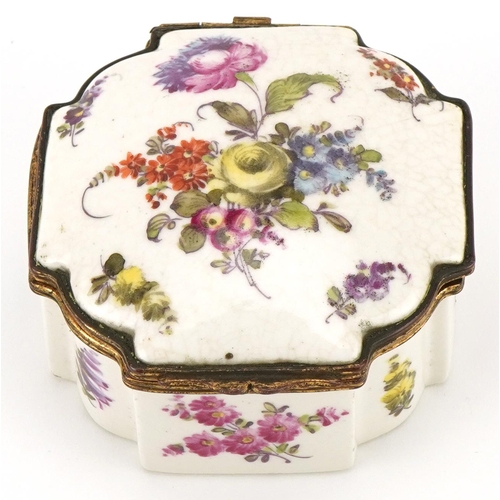 1101 - European porcelain box hand painted with flowers with gilt metal mounts, 4cm H x 4cm W x 8cm D