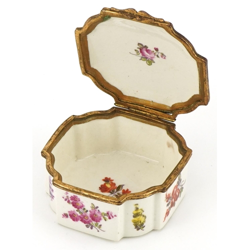 1101 - European porcelain box hand painted with flowers with gilt metal mounts, 4cm H x 4cm W x 8cm D