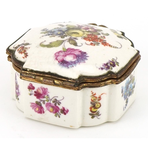 1101 - European porcelain box hand painted with flowers with gilt metal mounts, 4cm H x 4cm W x 8cm D