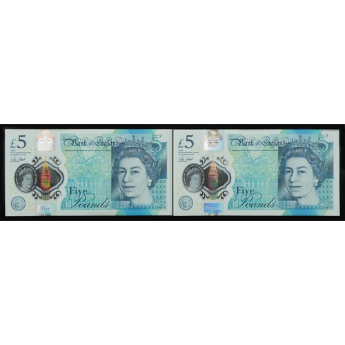 2451 - Two proof first five pound plastic polymer notes sold at Spink's in 2016, numbered AA01000114 and AA... 