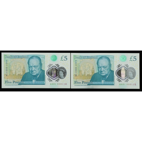 2451 - Two proof first five pound plastic polymer notes sold at Spink's in 2016, numbered AA01000114 and AA... 