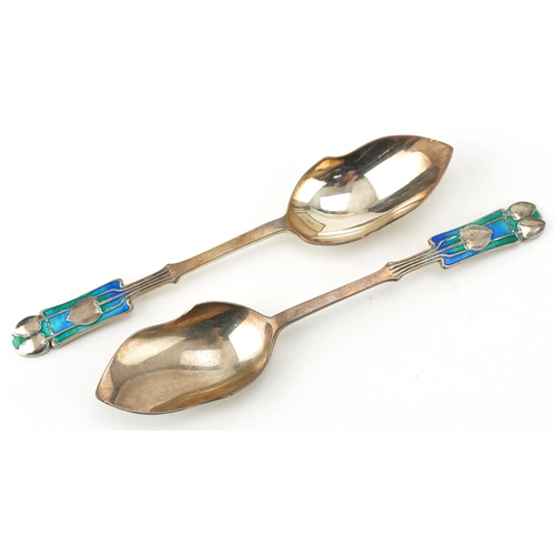 11 - Cased set of six Liberty Art Nouveau silver and enamel spoons, Birmingham 1934, housed in original L... 