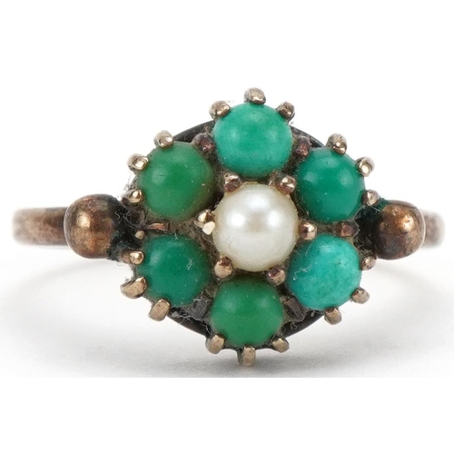 3015 - Antique style 9ct gold turquoise and pearl flower head ring, size L, 3.0g