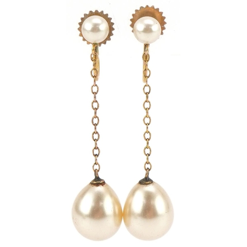 3477 - Pair of yellow metal simulated pearl drop earrings with screw backs, 3.7cm high, total 3.4g