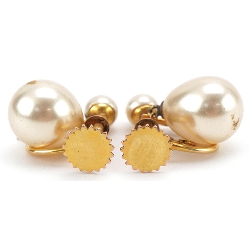 3477 - Pair of yellow metal simulated pearl drop earrings with screw backs, 3.7cm high, total 3.4g