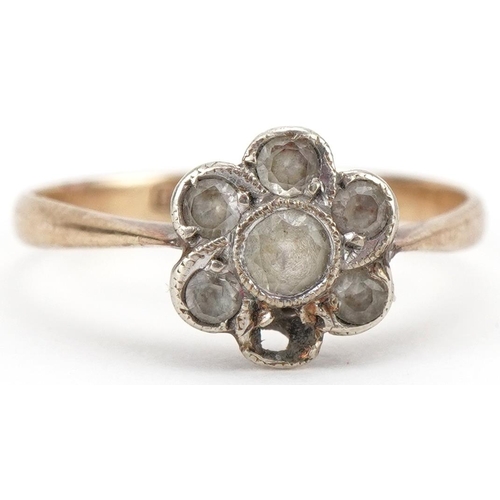 3511 - 9ct gold white topaz flower head ring, size K, 1.1g