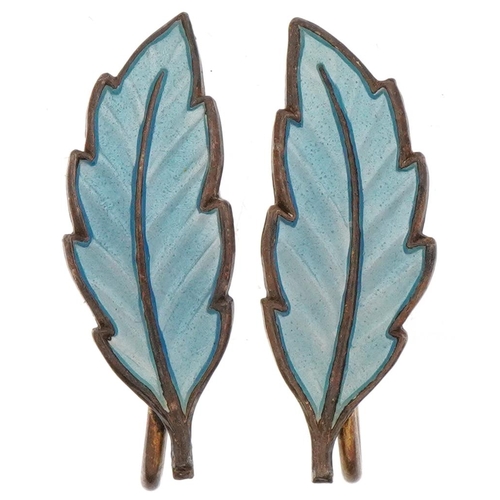 3018 - Pair of silver gilt guilloche enamel earrings in the form of leaves, with screw backs, probably Dani... 