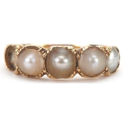 3055 - Antique unmarked gold pearl ring, size K/L, 2.9g