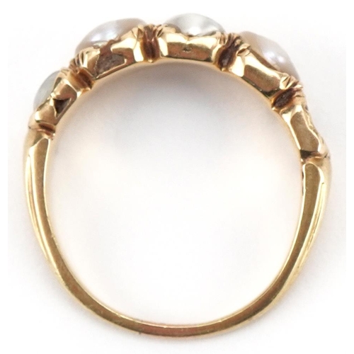 3055 - Antique unmarked gold pearl ring, size K/L, 2.9g