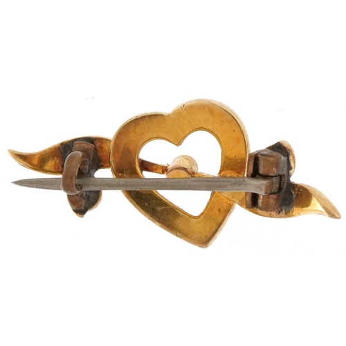 3392 - Unmarked gold seed pearl brooch in the form of a love heart, 2.5cm wide, 2.1g