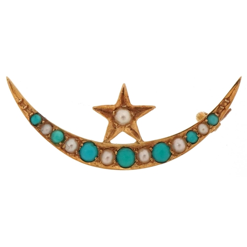 3416 - Unmarked gold moon crest and star brooch set with turquoise and seed pearls, 3cm high, 2.0g