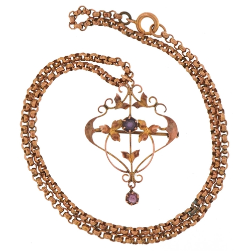 3308 - Edwardian 9ct gold openwork pendant brooch on a yellow metal necklace, 4.5cm high and 48cm in length... 