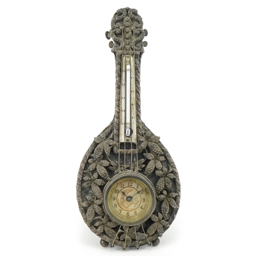 1193 - Naturalistic silver desk clock barometer in the form of a mandolin, inscribed By the British United ... 