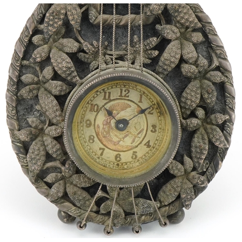 1193 - Naturalistic silver desk clock barometer in the form of a mandolin, inscribed By the British United ... 