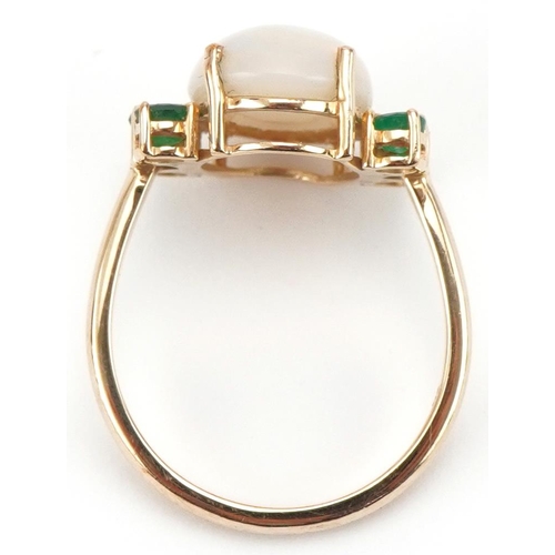 3284 - 9ct gold cabochon opal and emerald ring, size O, 3.8g