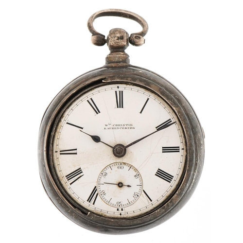 3146 - William Christie, Victorian silver pair cased  pocket watch having enamelled dial with Roman numeral... 