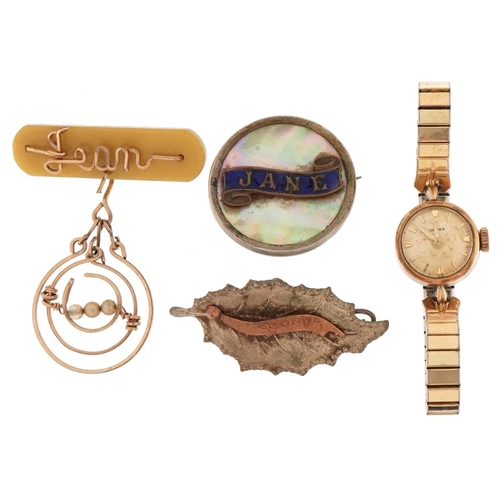 3480 - Vintage and later jewellery including ladies 9ct gold Cyma wristwatch and three name brooches