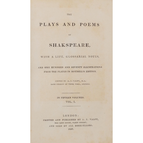 1590 - Fifteen volumes of Shakespeare 1834 edition housed in a wooden bookshelf and a Victorian ledger, the... 