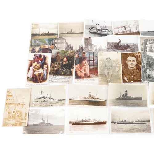 2579 - Military interest postcards including photographic battleships, Bruce Bairnsfather, White Star Line ... 