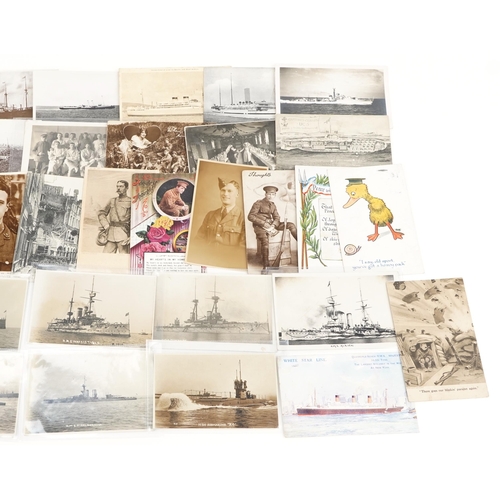 2579 - Military interest postcards including photographic battleships, Bruce Bairnsfather, White Star Line ... 