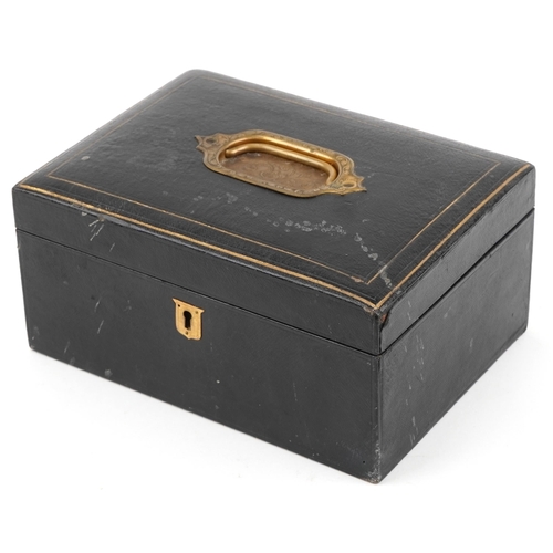 3582 - Victorian tooled leather jewellery box with two lift out trays and fitted interior, 11cm H x 23cm W ... 