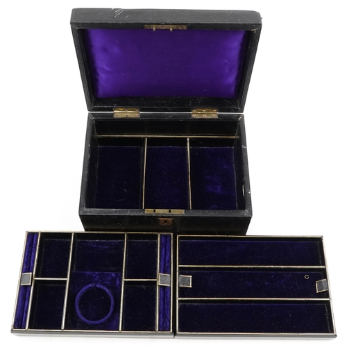 3582 - Victorian tooled leather jewellery box with two lift out trays and fitted interior, 11cm H x 23cm W ... 