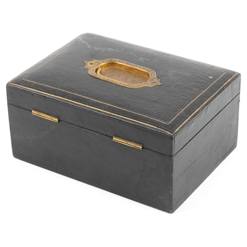 3582 - Victorian tooled leather jewellery box with two lift out trays and fitted interior, 11cm H x 23cm W ... 