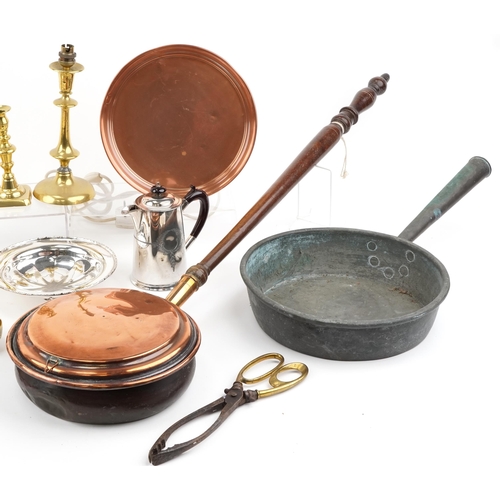 2229 - Antique and later metalware including pair of Victorian brass candlesticks with pushers, copper bed ... 