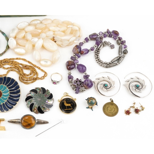 3570 - Antique and later jewellery including Egyptian faience bead necklaces, 9ct gold and silver ruby ring... 