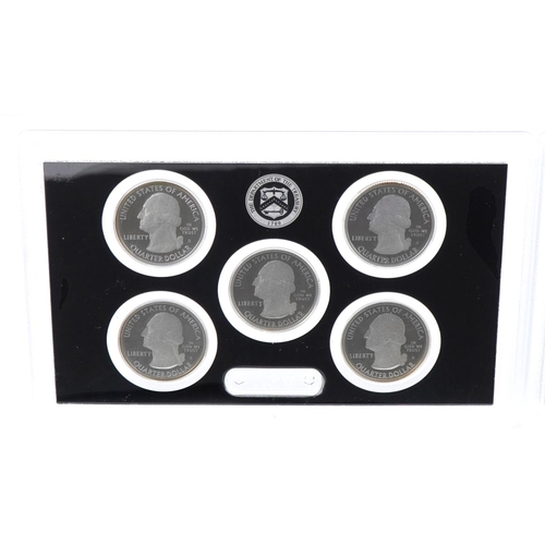 2426 - Silver proof set of five American 2003 twenty five cent coins with mint mark S for San Francisco and... 