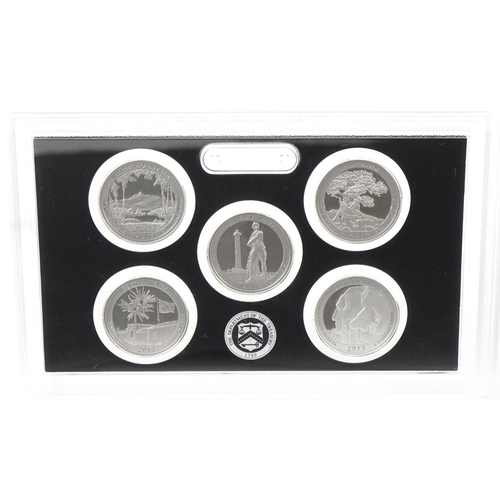 2426 - Silver proof set of five American 2003 twenty five cent coins with mint mark S for San Francisco and... 