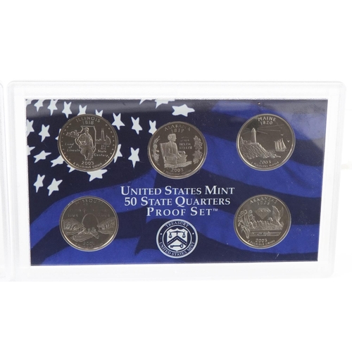 2426 - Silver proof set of five American 2003 twenty five cent coins with mint mark S for San Francisco and... 