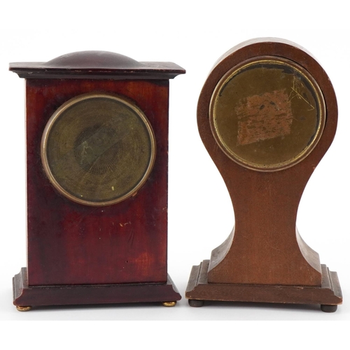 2214 - Edwardian mahogany balloon shaped mantle clock with shell inlay together with another with brass flo... 