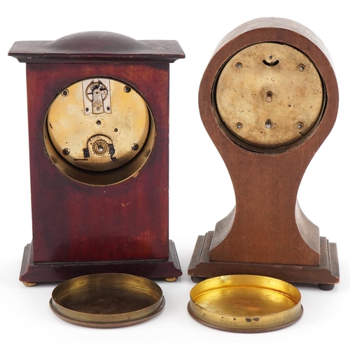 2214 - Edwardian mahogany balloon shaped mantle clock with shell inlay together with another with brass flo... 