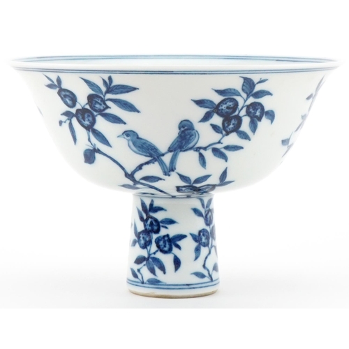 1263 - Chinese porcelain stem cup decorated with flowers and birds, character mark to the interior, 16cm in... 