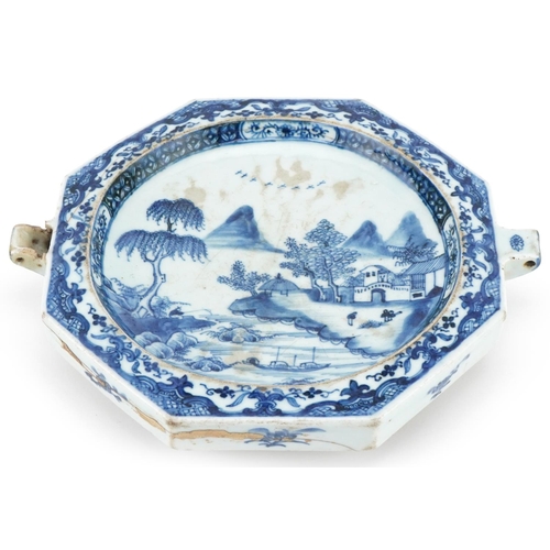 1305A - 18th century Chinese porcelain warming plate hand painted in the Willow pattern, 27cm in diameter