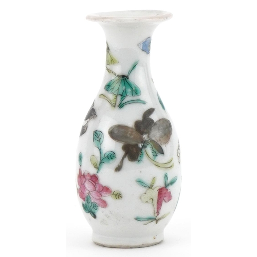 1204 - Miniature Chinese bottle vase hand painted with birds and flowers, character mark to the base, 9cm h... 