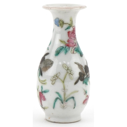 1204 - Miniature Chinese bottle vase hand painted with birds and flowers, character mark to the base, 9cm h... 